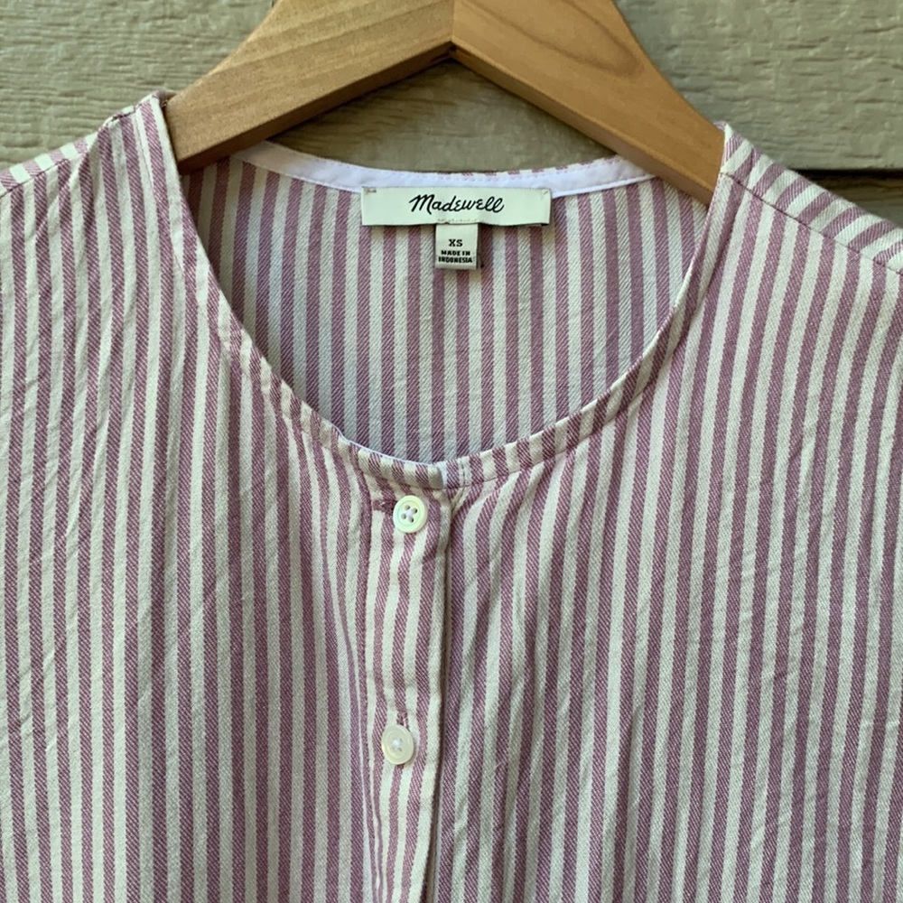 Madewell Studio Ruffle Hem Top Lavender Stripe Button Up Peplum Top - Picture 6 of 9